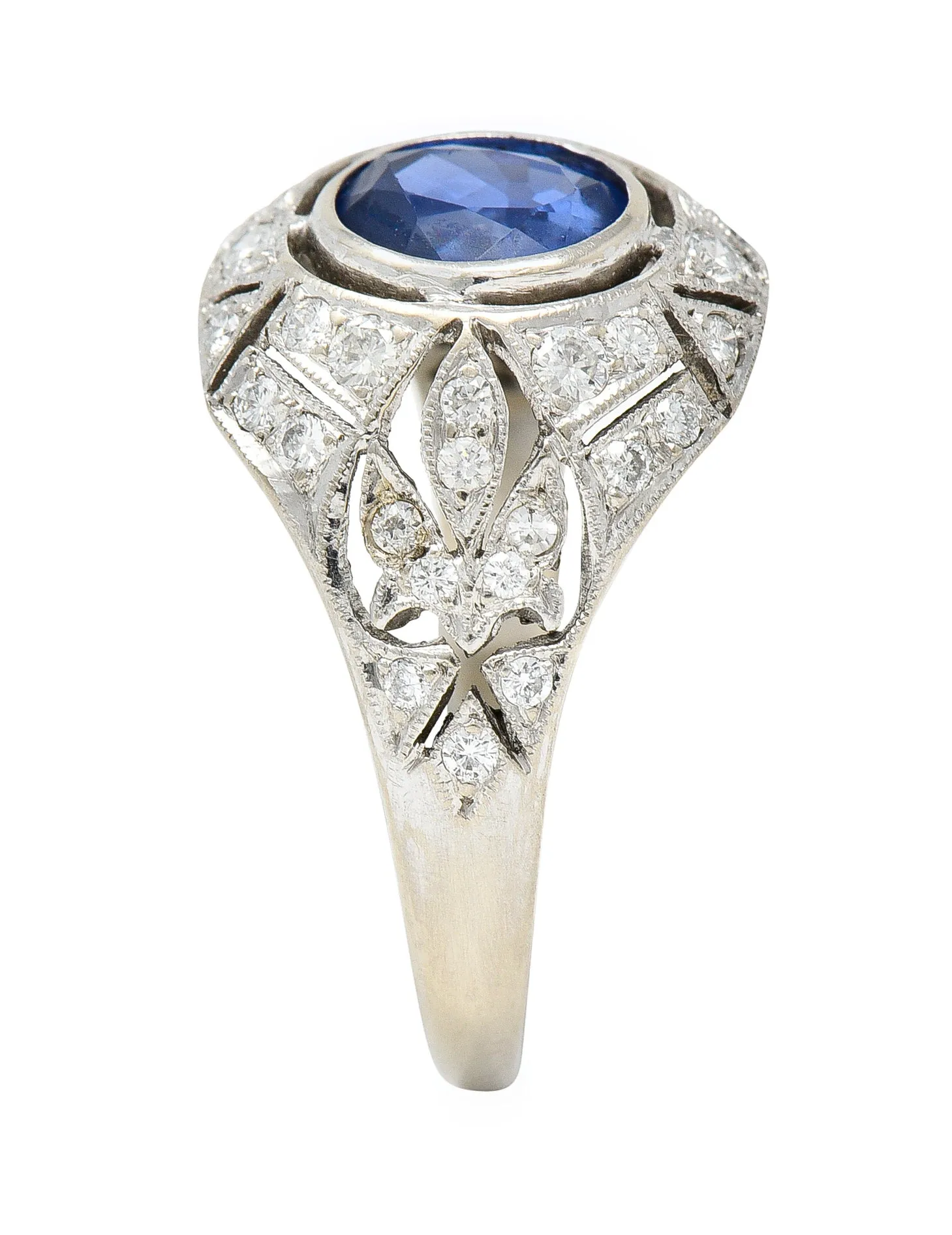 1960's Art Deco Revival 1.72 CTW Oval Cut Sapphire Diamond 14 Karat White Gold Fleur-De-Lis Vintage Bombay Dinner Ring