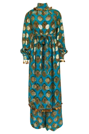 1960s Donald Brooks Couture Turquoise & Gold Tunic Dress and Harem Pant Set