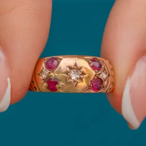 Antique 15ct Gold Ruby Diamond Gypsy Ring, c.1900