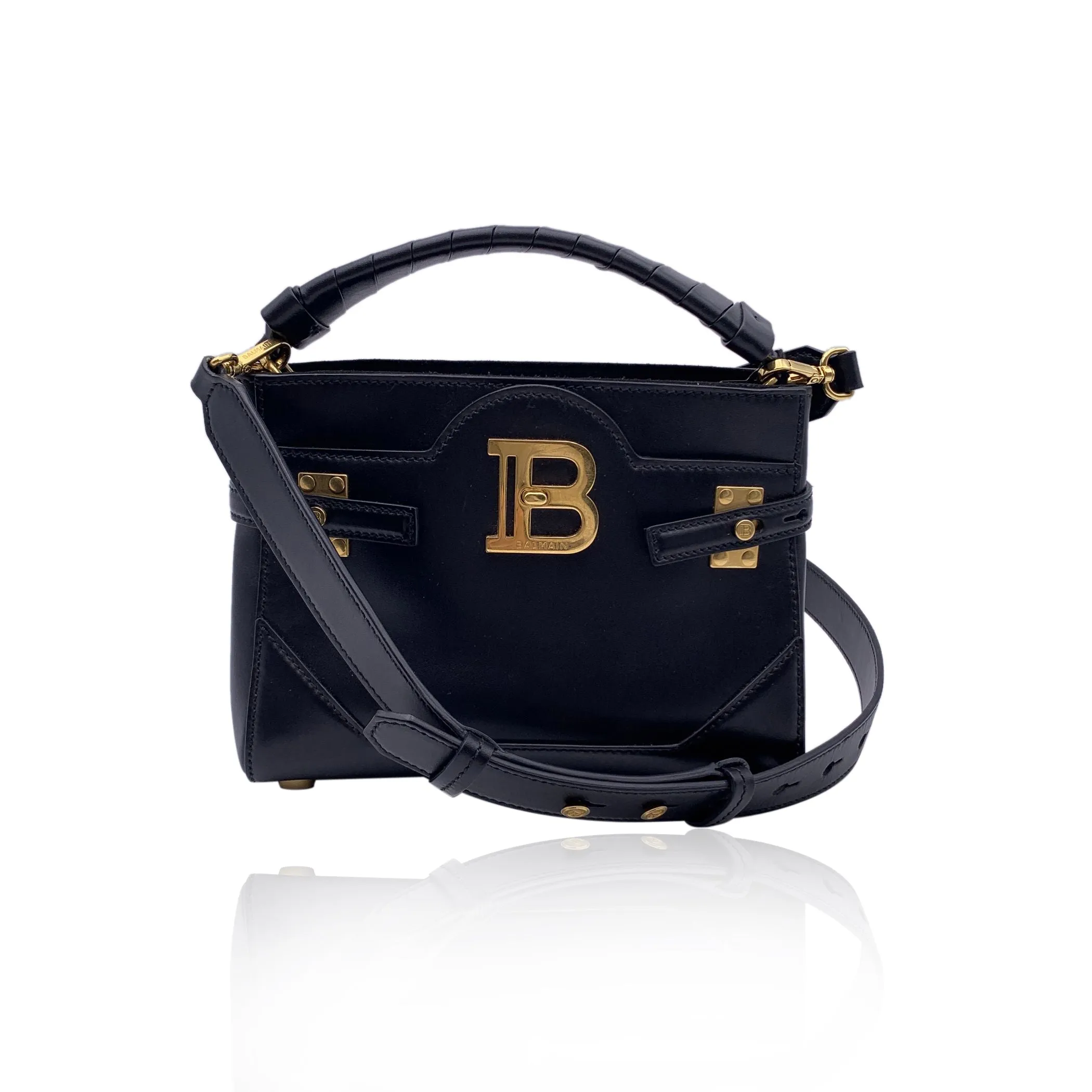 Balmain Black Leather B Buzz 22 Satchel Handbag with Strap