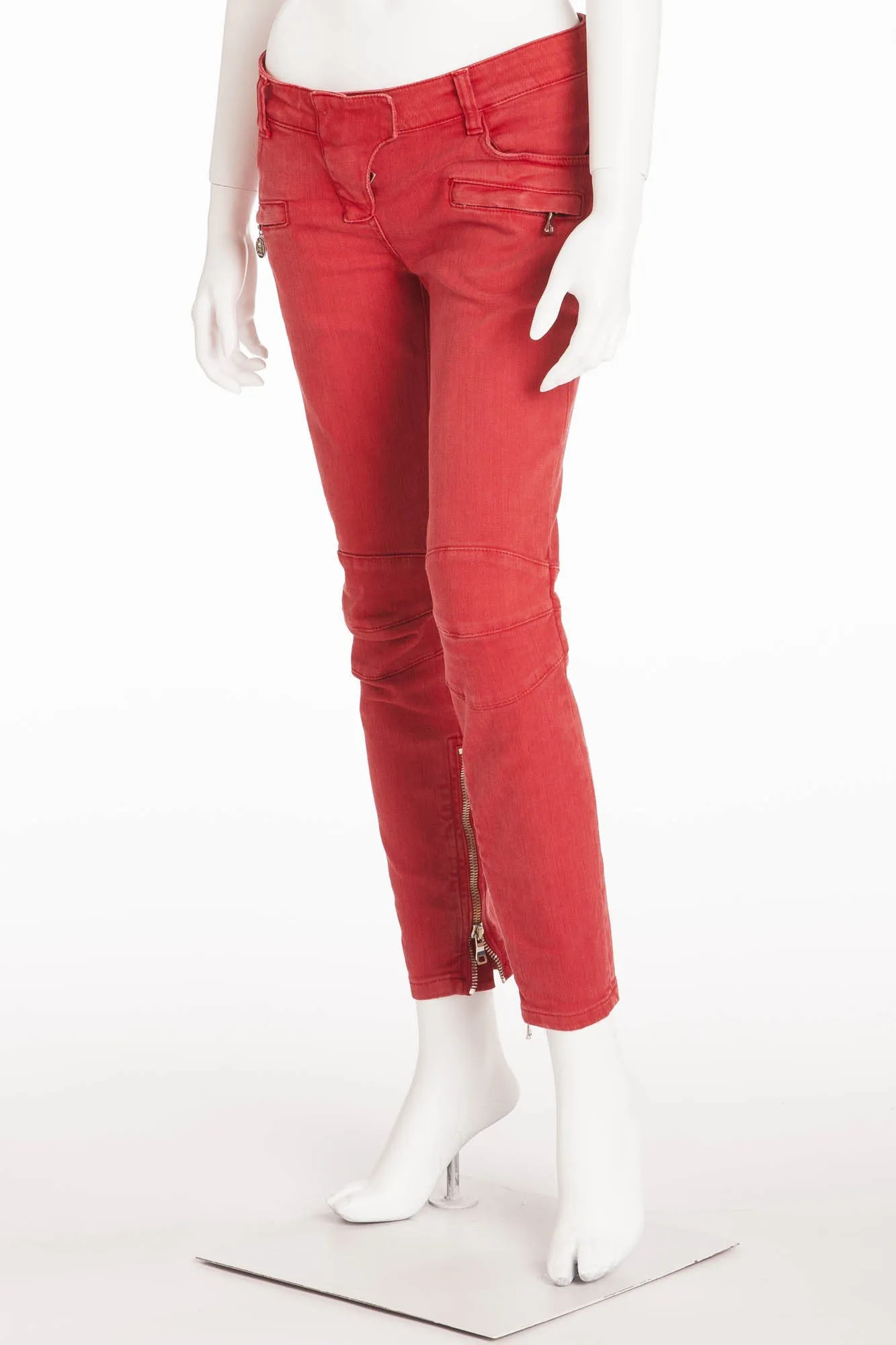 Balmain - Red Denim Moto-Style Jeans - FR 40