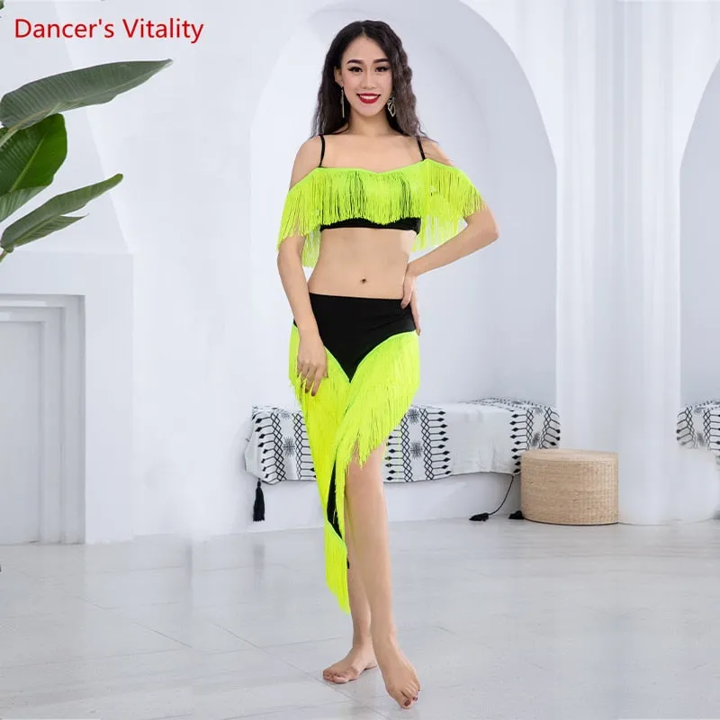 Belly Dance Performance Costume Set for Women Child Tassel Top long Fringe Skirt 2pcs Belly Dancing Wear Outfit for Girl's