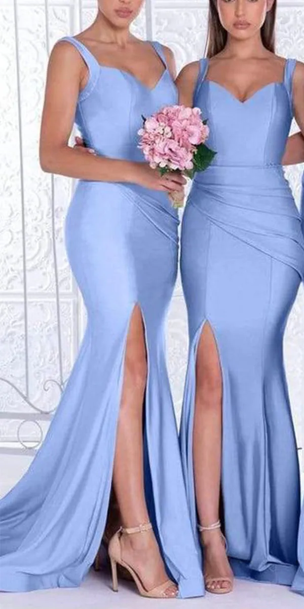 Blue Mermaid Satin Sleeveless Elegant Formal Long Bridesmaid Dresses with Split BD118