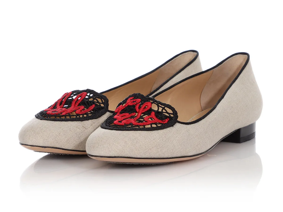 Charlotte Olympia Beige Linen Ooh La La! Crochet Heart Flats