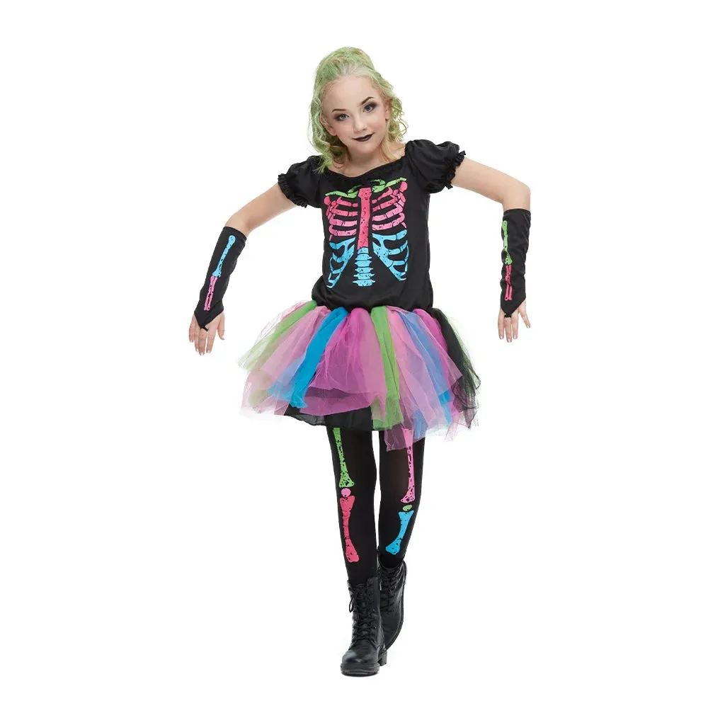 Colorful  Rainbow Skeleton Girl Dress Funky Punky Kid Costume