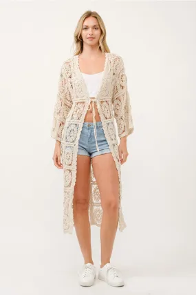 Crocheted Cotton Long Kimono ~ Cream