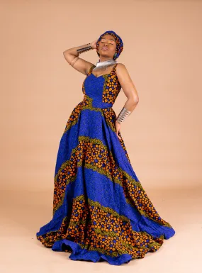 Esohe Ankara Maxi Dress | Blue and Orange African Print