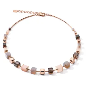 GeoCUBE Big Gemstones, Swarovski Crystals & Stainless Steel Rose Gold Brown Necklace