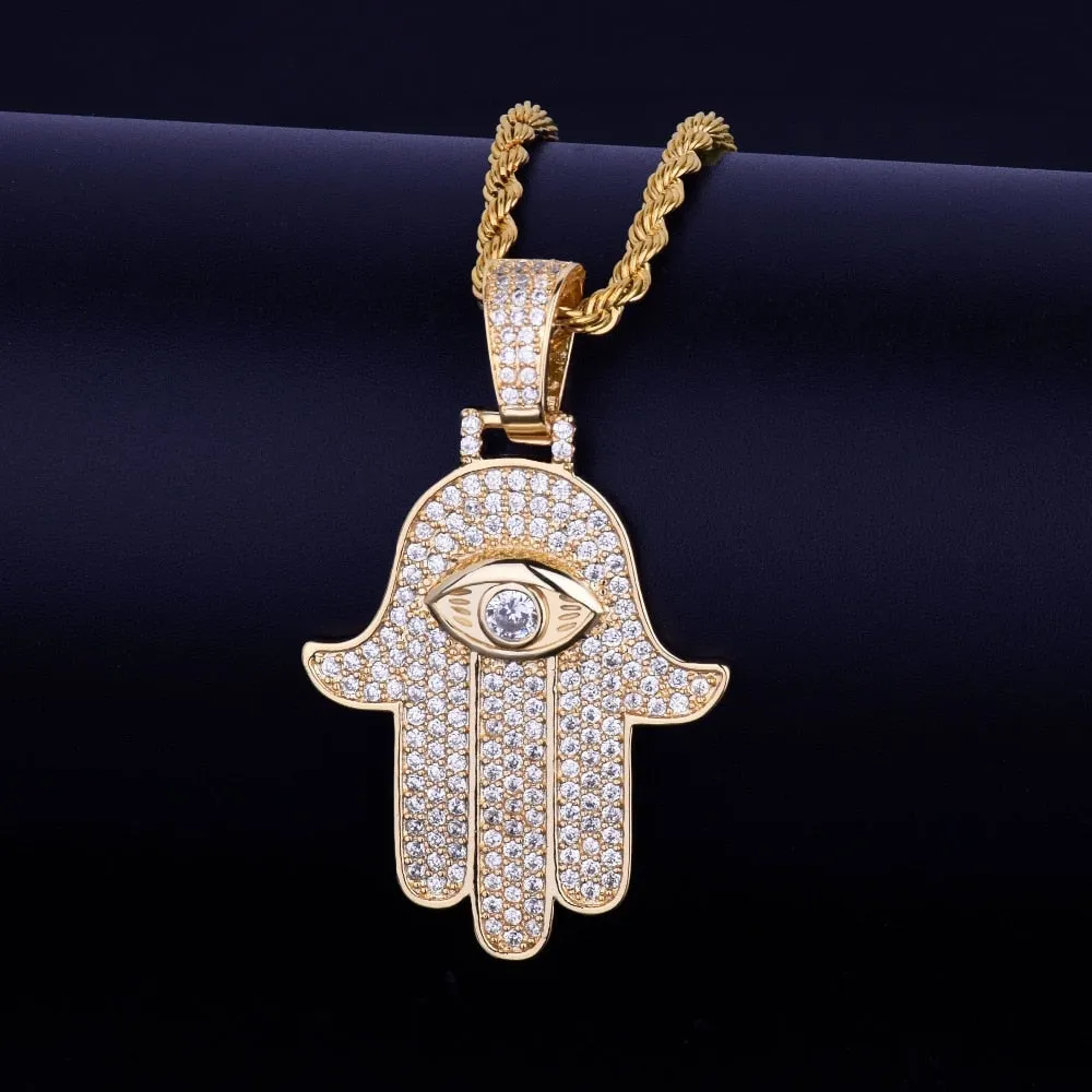 Men's Hip Hop Hamsa Hand Pendant Necklace- Evil Eye Hands Pendant Necklaces