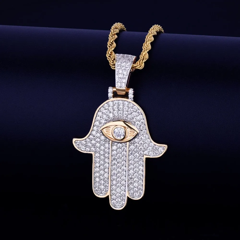 Men's Hip Hop Hamsa Hand Pendant Necklace- Evil Eye Hands Pendant Necklaces