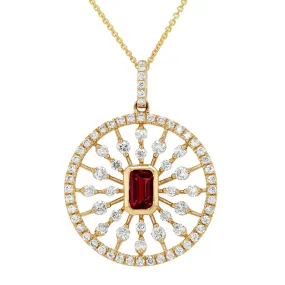 MODERN YELLOW GOLD NECKLACE WITH GARNET CENTER AND SIDE DIAMONDS, .69 CT TW