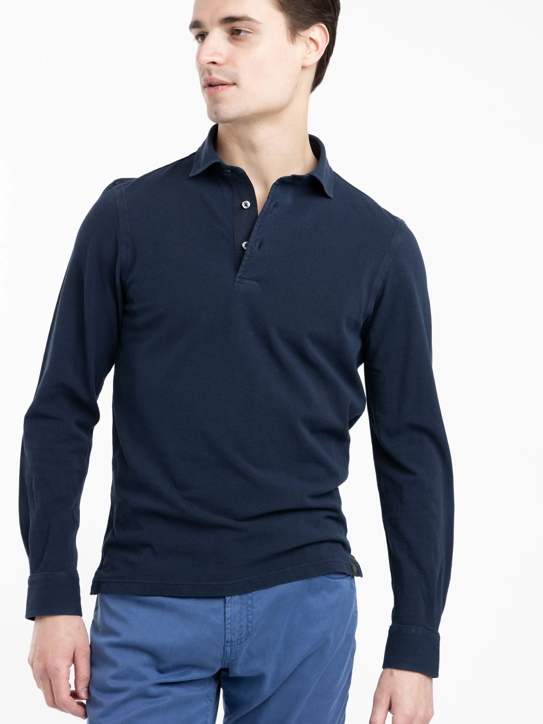 Navy Cotton Long-Sleeve Polo