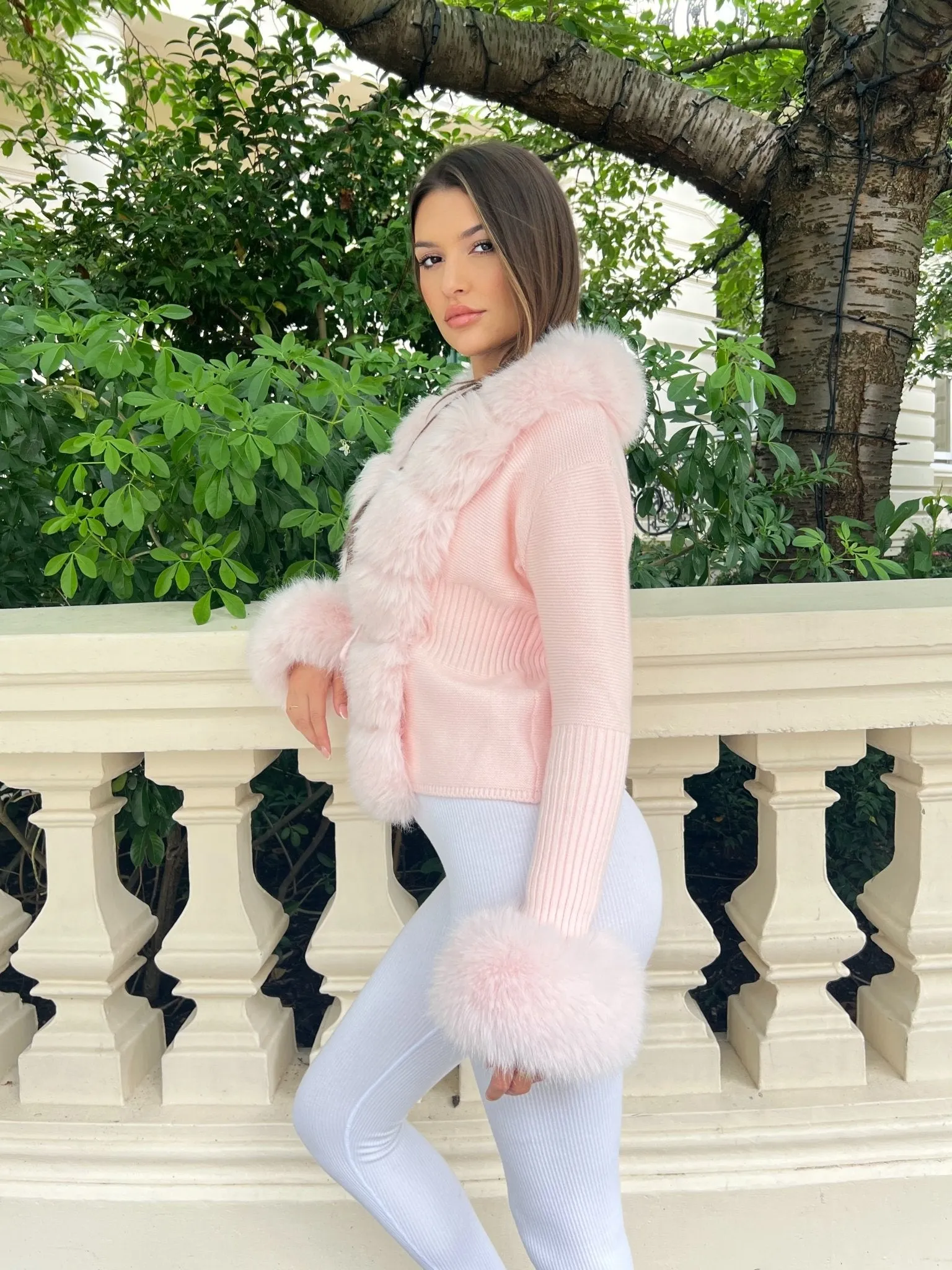 Pink Premium Faux Fur Trimmed Cardigan