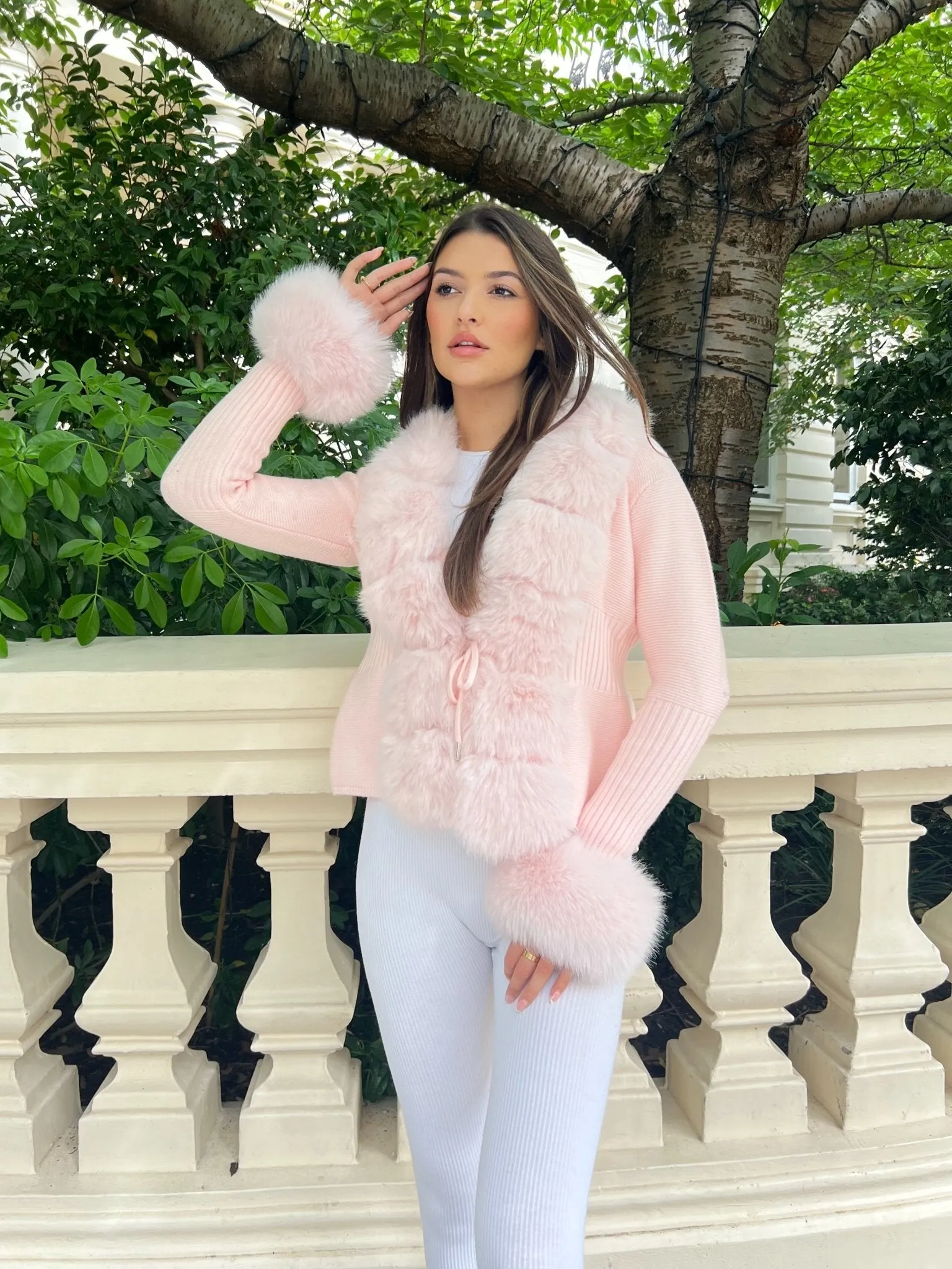 Pink Premium Faux Fur Trimmed Cardigan