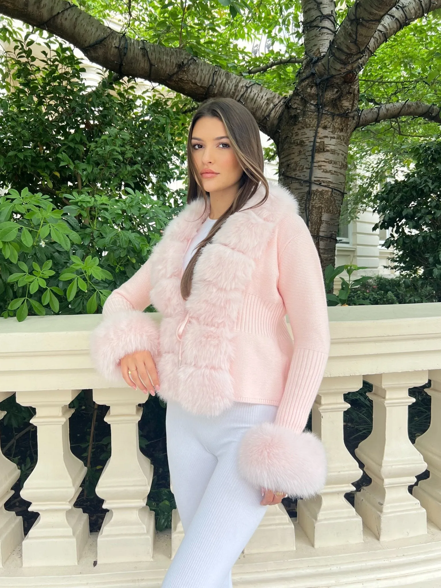 Pink Premium Faux Fur Trimmed Cardigan