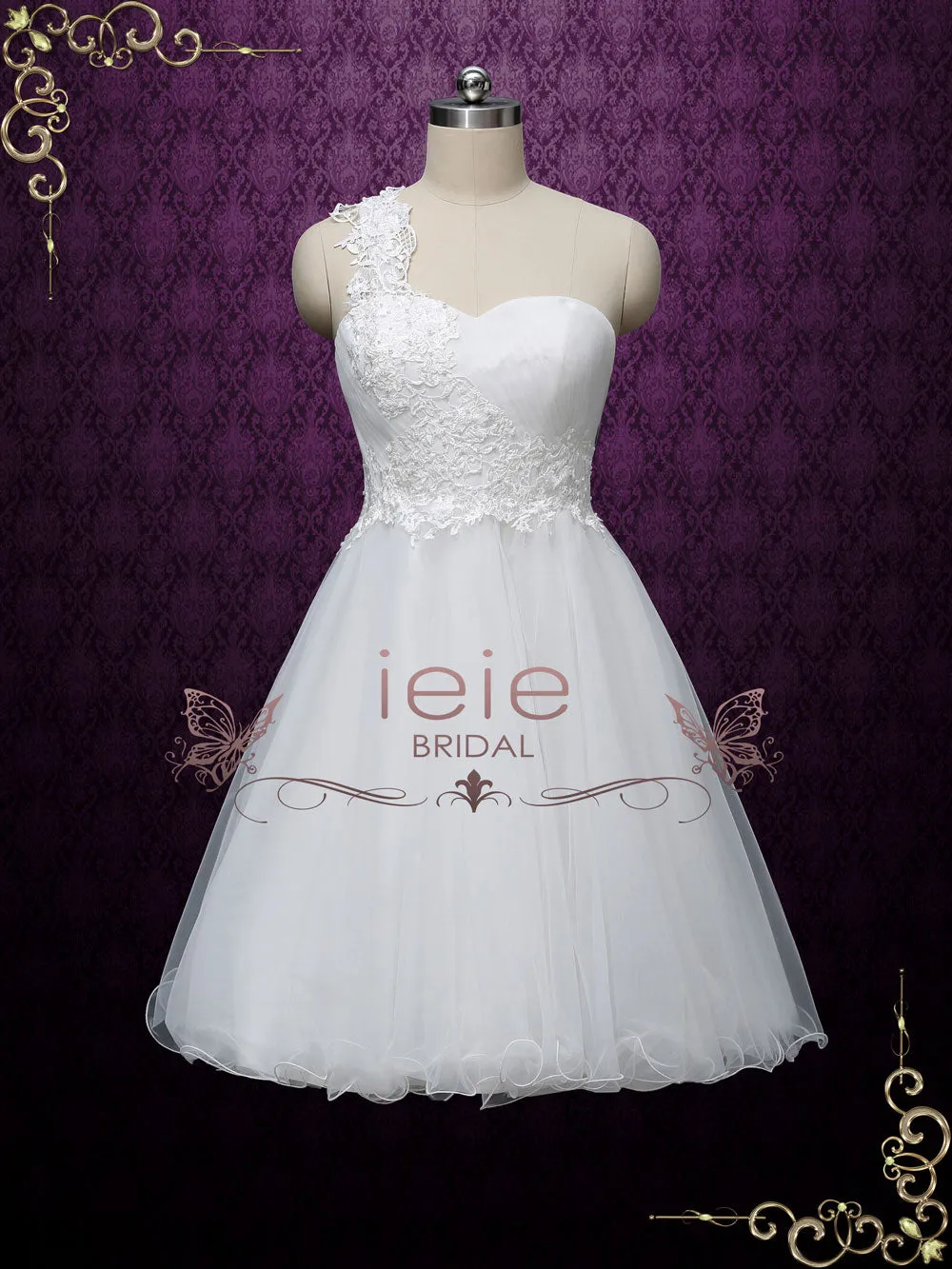 Short Lace Wedding Dress with One Shoulder Neckline