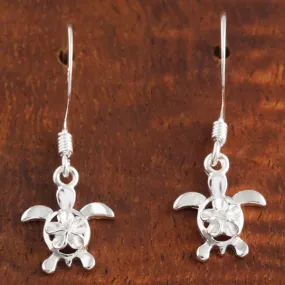 Sterling Silver 4mm Plumeria with CZ on Honu (Hawaiian Turtle) Hook Earrings Shiny