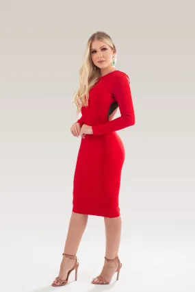 Vestido de Bandagem Manga Longa Vermelho